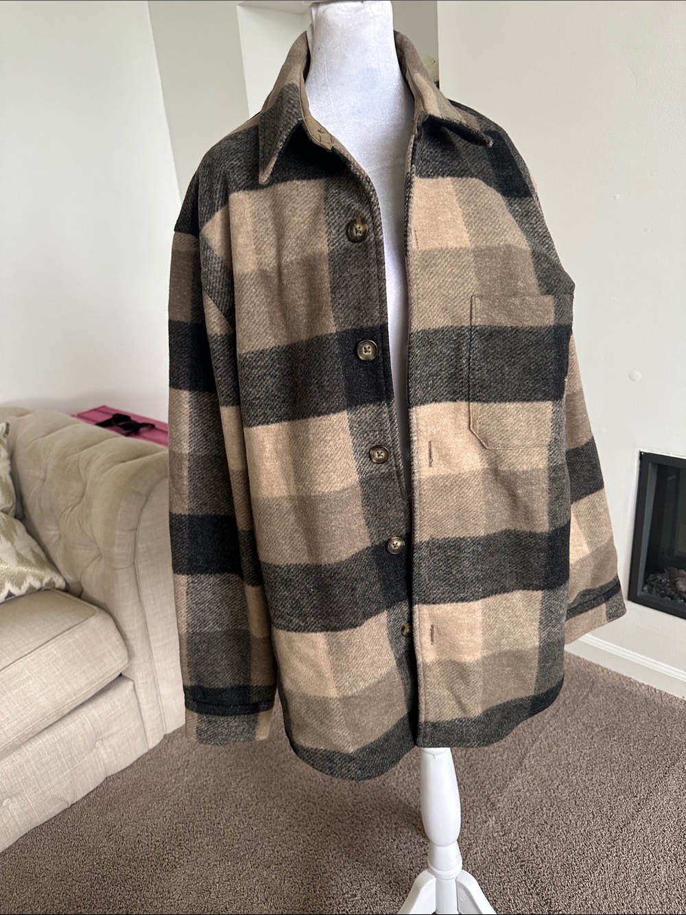 Banana Republic Plaid Shirt Jacket in Tan and Black